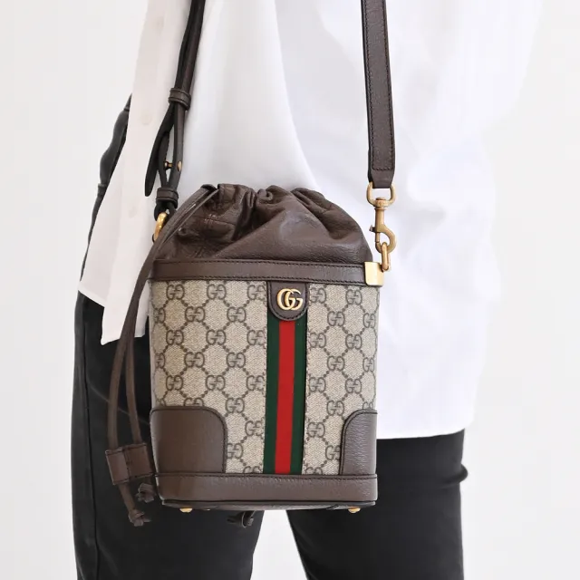 【GUCCI 古馳】Ophidia GG 經典雙G印花三角造型兩用束口水桶包兩用包(駝)