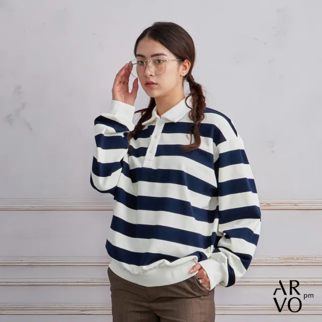 【ARVOpm】男女同款 ARVOpm藍白條紋寬版長袖polo衫-725213184011(限時6折)