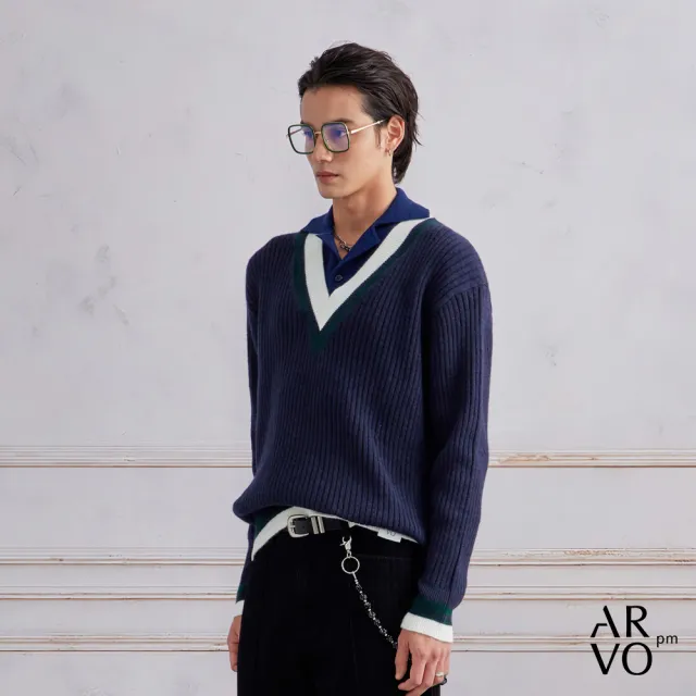 【ARVOpm】男女同款 藏青V領羊毛混紡網球毛衣-725213173022(雙11限定)