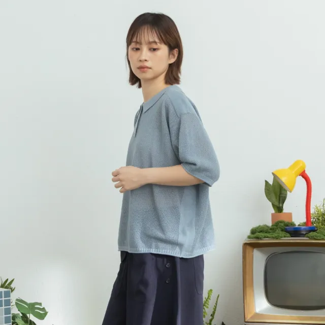【MOSS CLUB】知性休閒半開襟排釦立體鏤空五分袖針織上衣