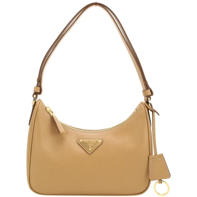 【PRADA 普拉達】Saffiano 三角牌防刮牛皮滑動肩背帶 斜背腋下包-棕色
