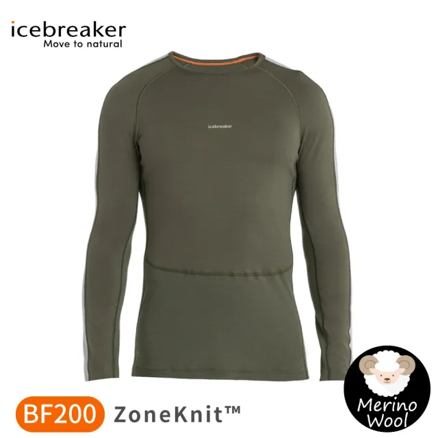 【Icebreaker】男 ZoneKnit 網眼透氣保暖圓領長袖上衣 BF200《橄欖綠/灰》0A56HA/排汗衣/內層衣