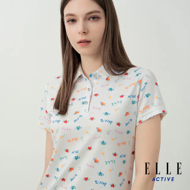 【ELLE ACTIVE】女款 滿版印花短袖POLO衫-白色(EA26S2W1103-90)