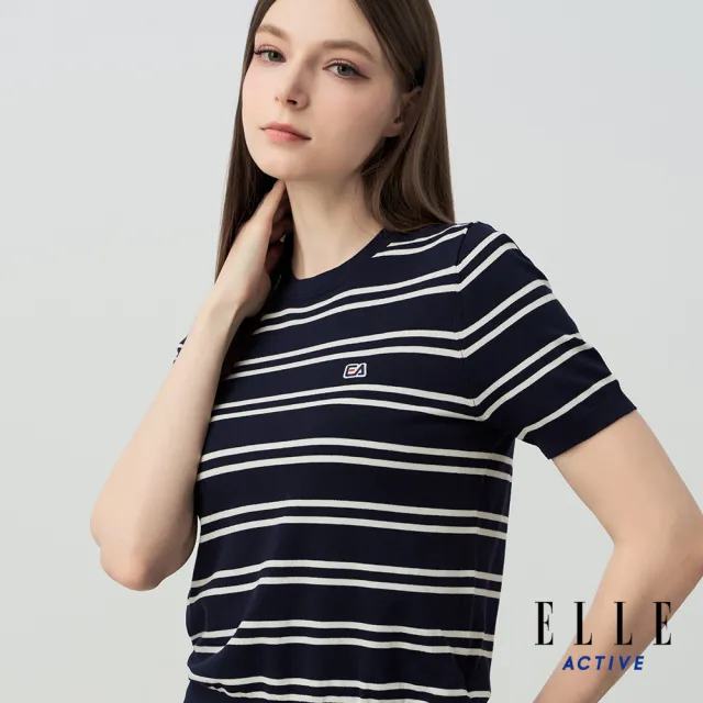 【ELLE ACTIVE】女款 學院風條紋披肩圓領針織短袖上衣-深藍色(EA26S1W5102-39)