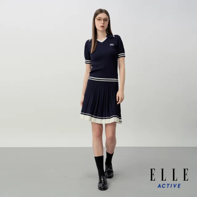 【ELLE ACTIVE】女款 撞色V領針織短袖上衣-深藍色(EA26S1W5101-39)
