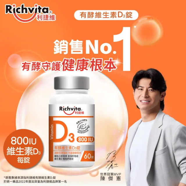 【利捷維】有酵維生素D3錠2入組(共120錠 800IU 陳傑憲 代言)