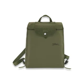 【LONGCHAMP】Le Pliage Green M 尼龍刺繡LOGO後背包(橄欖綠)