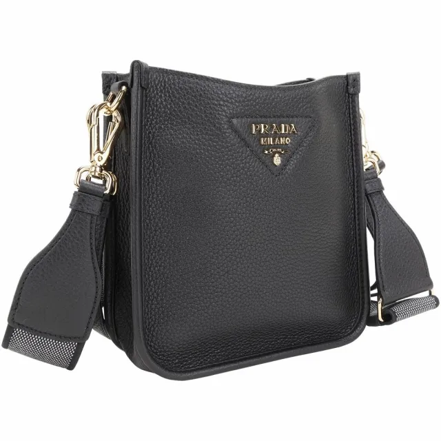 【PRADA 普拉達】迷你 粒面牛皮雙背帶肩 斜背包-黑色