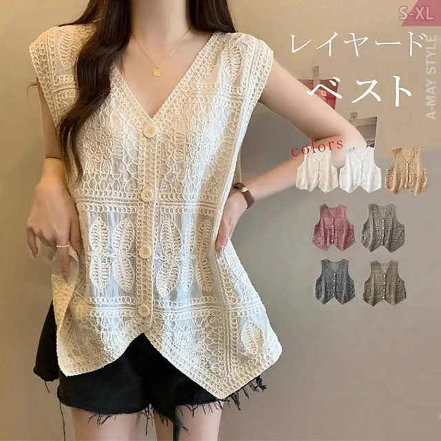 【Amay Style 艾美時尚】春新品 中大尺碼女裝 無袖上衣 設計感刺繡織花排釦針織背心。S-XL(7色.預購)
