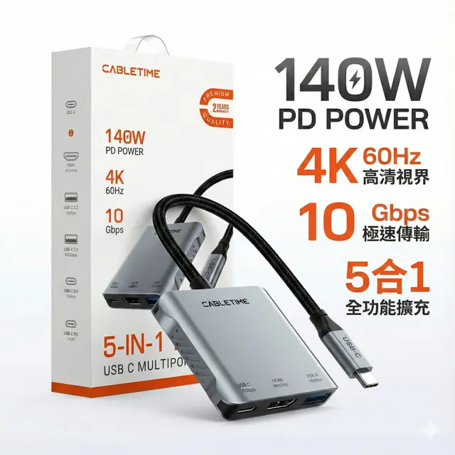 CABLETIME 5合1 Type-C 多功能集線器 支援 PD 140W 4K60Hz 高清 USB3.2 CB75G