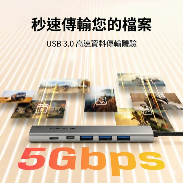 CABLETIME 6合1 Type-C 擴充集線器 100W PD快充 4K螢幕轉接 Hub 筆電擴充 HB01G