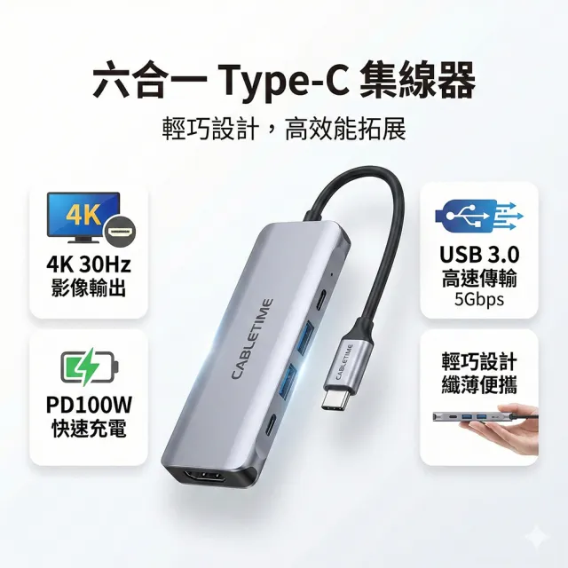 CABLETIME 6合1 Type-C 擴充集線器 100W PD快充 4K螢幕轉接 Hub 筆電擴充 HB01G