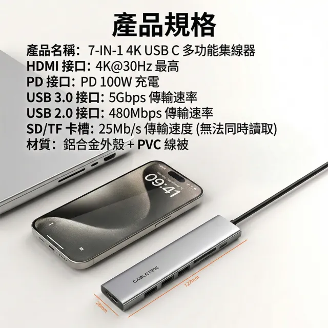 CABLETIME 7合1 Type-C 擴充連接埠 100W快充 SD/TF 讀卡機 4K螢幕轉接 集線器