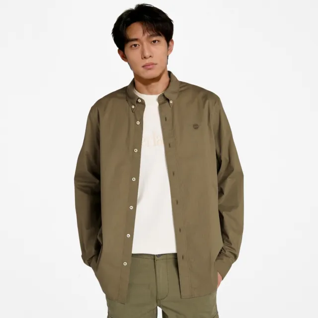【Timberland】男款灰綠色彈性府綢長袖襯衫(A2ANC590)