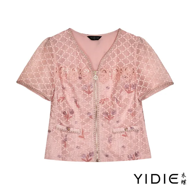 【YIDIE】天絲混優雅花卉刺繡蕾絲拉鍊上衣-粉