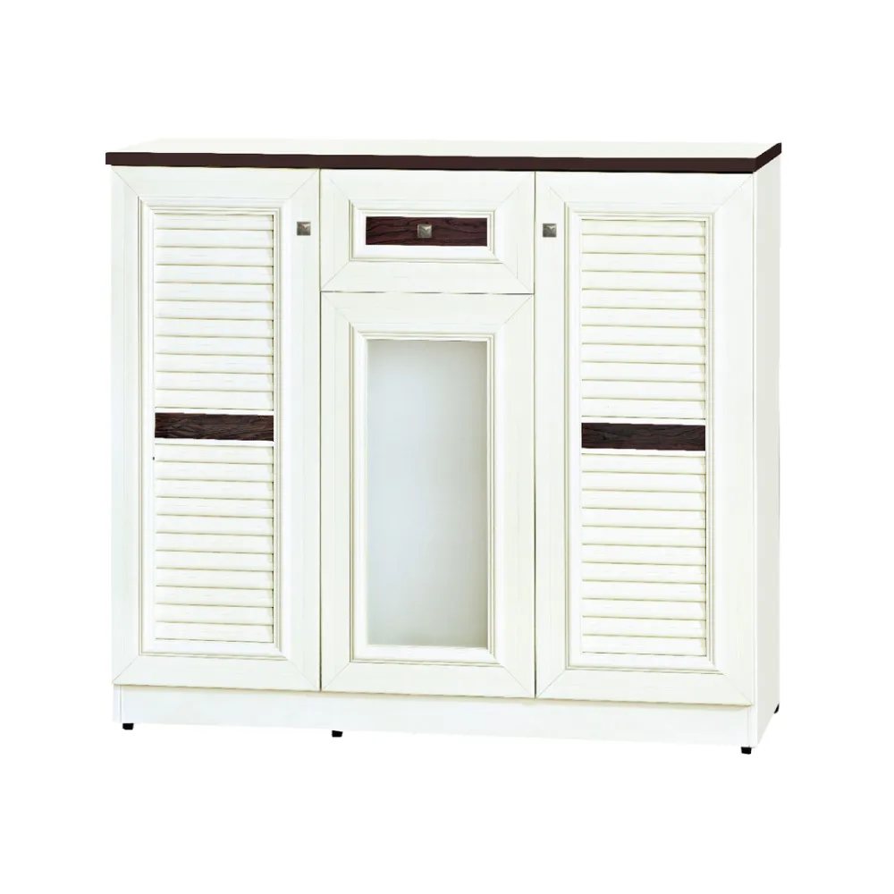 【文創集】南亞塑鋼  曼古4尺百葉系列三開門單抽鞋櫃(6色可選+美式鄉村古銅色方形把手)