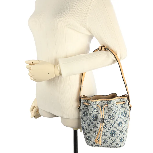 【TORY BURCH】T Monogram 迷你丹寧手提/斜背水桶包-經典藍