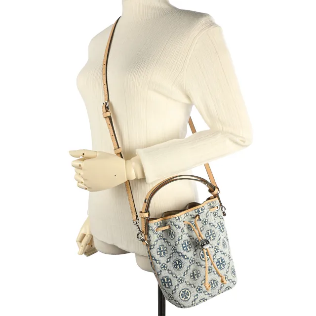 【TORY BURCH】T Monogram 迷你丹寧手提/斜背水桶包-經典藍