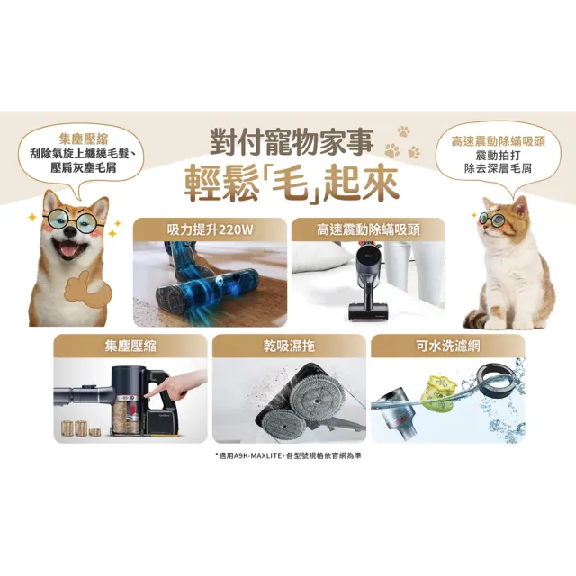 【LG 樂金】CordZero™A9 K+ 濕拖無線吸塵器A9K-MAXLITE(寂靜灰/寵物新升級款/一鍵集塵/充電收納立架)