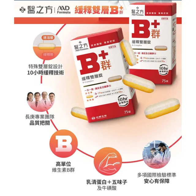 【台塑生醫醫之方】momo獨家緩釋B群雙層錠加大版75錠x3瓶(共225錠-李李仁代言-耐力10小時.高單位維生素B群)