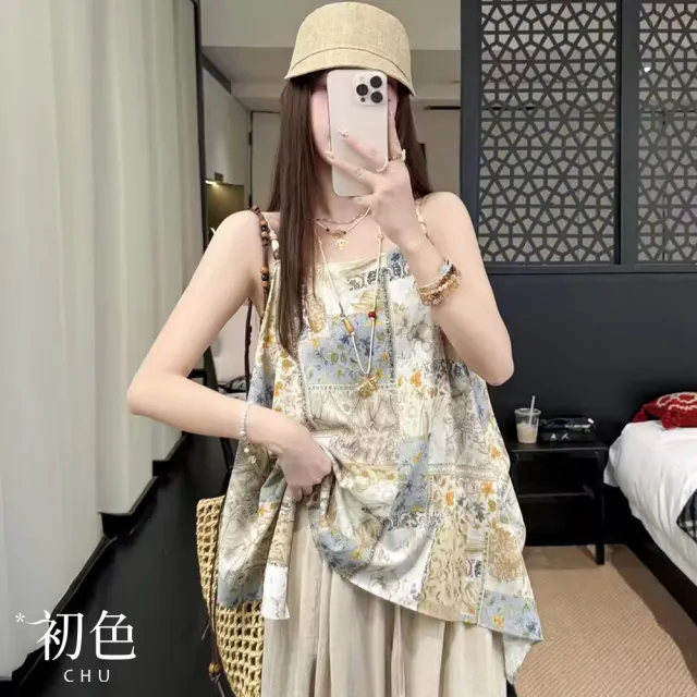 【初色】文藝復古輕薄寬鬆不規則衣襬印花圖紋串珠吊帶背心上衣女上衣-花色-50539(M-2XL可選)