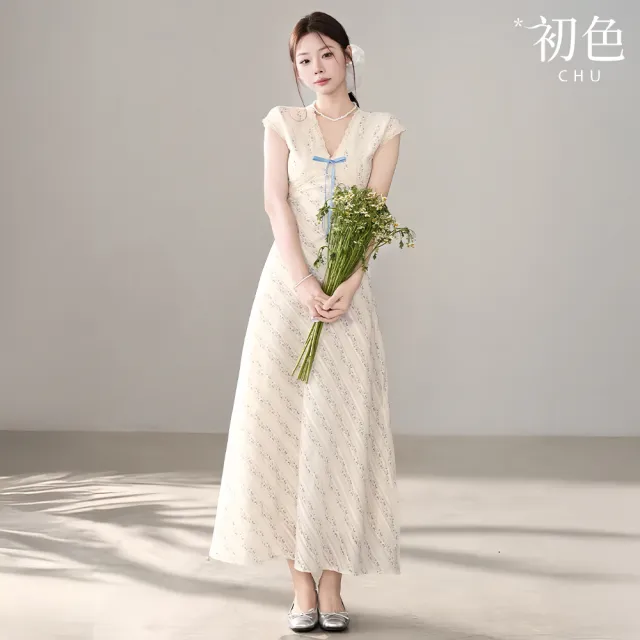 【初色】法式V領短袖花邊蕾絲拼接條紋蝴蝶結緞帶收腰中長裙連衣裙連身洋裝-藍白條紋-50430(M-2XL可選)