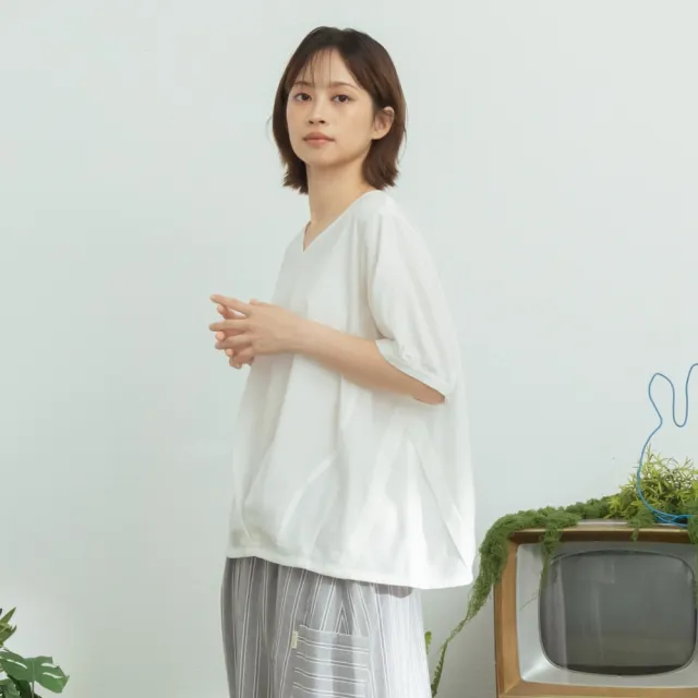 【MOSS CLUB】緹織全棉V領澎袖打褶短袖上衣