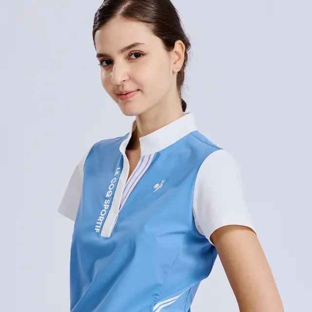 【LE COQ SPORTIF 公雞】高爾夫系列 女款寶藍色吸汗速乾彈性防曬短袖立領衫 QLX2T220