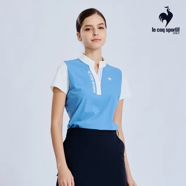 【LE COQ SPORTIF 公雞】高爾夫系列 女款寶藍色吸汗速乾彈性防曬短袖立領衫 QLX2T220