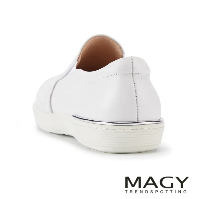 【MAGY】圓頭牛皮格紋平底休閒鞋 白色