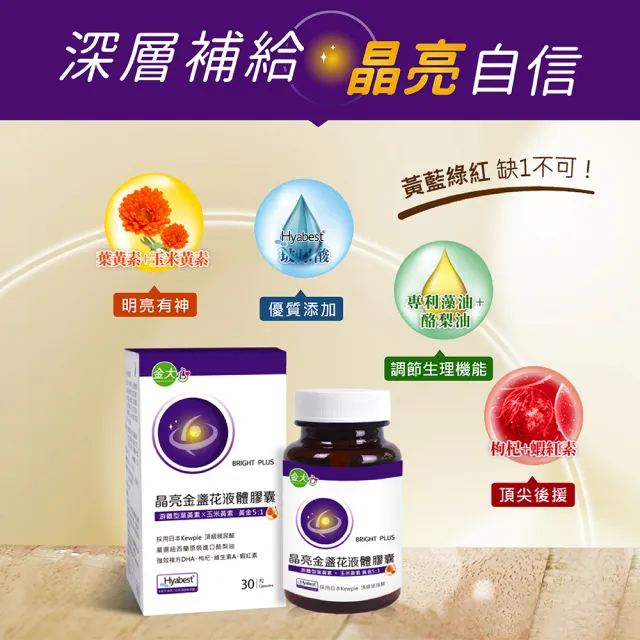 【金大心】晶亮金盞花葉黃素-玻尿酸升級版液體膠囊(30粒X3盒)