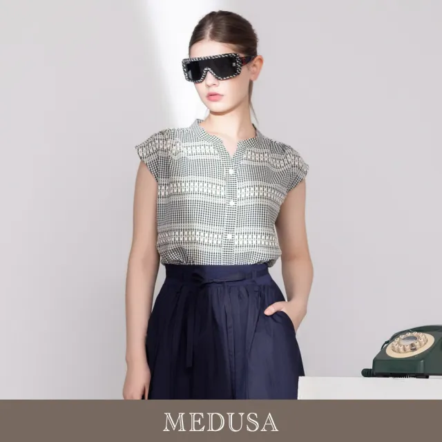 【MEDUSA 曼度莎】現貨-小格紋嫘縈抽繩無袖涼感襯衫（M-XL）｜嫘縈上衣 無袖襯衫 涼感穿搭