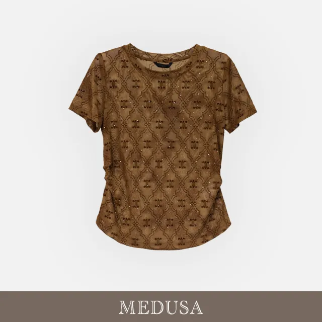 【MEDUSA 曼度莎】現貨-精品菱格印花合身網布T恤（M-2L）｜菱格上衣 網布T恤 顯瘦穿搭