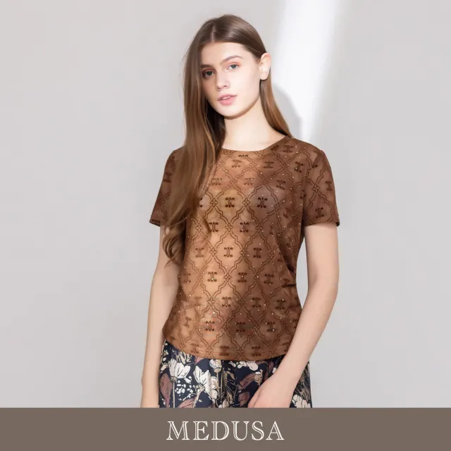 【MEDUSA 曼度莎】現貨-精品菱格印花合身網布T恤（M-2L）｜菱格上衣 網布T恤 顯瘦穿搭