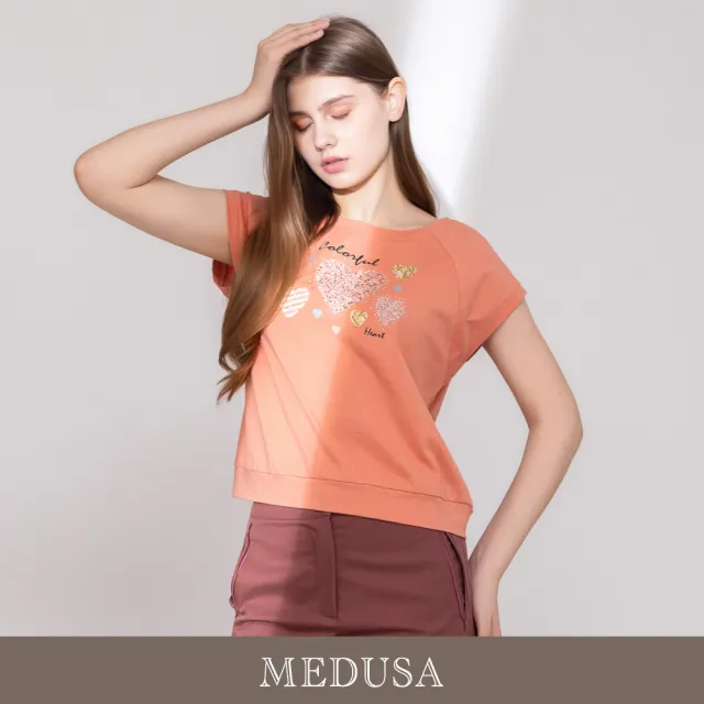 【MEDUSA 曼度莎】現貨-粉嫩橘粉多彩亮片愛心T恤(M-XL)|短袖T恤 休閒上衣 女生T恤
