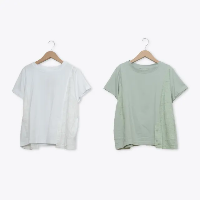 【MOSS CLUB】蕾絲布剪接棉T短袖上衣 白 綠