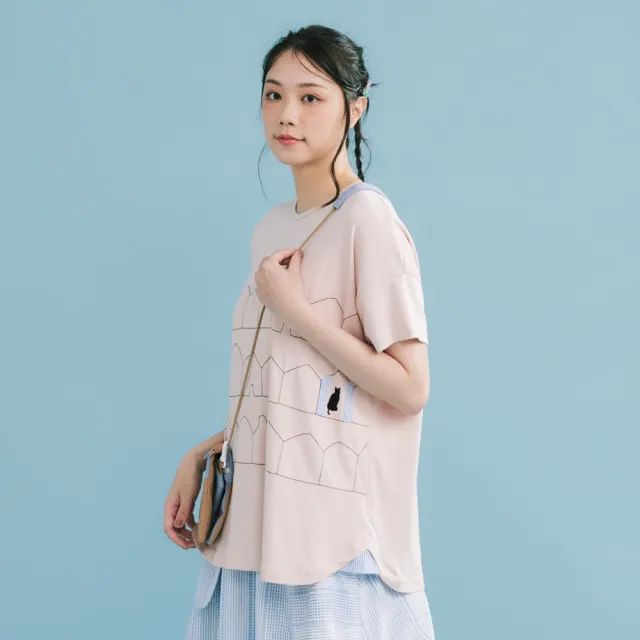 【Dailo】黑貓拼接休閒上衣 粉 杏