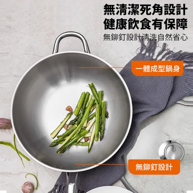 不鏽鋼炒鍋 316不粘鍋 炒菜鍋 34CM帶鍋蓋 (無塗層/全爐通用/不怕鋼鏟 擦洗)