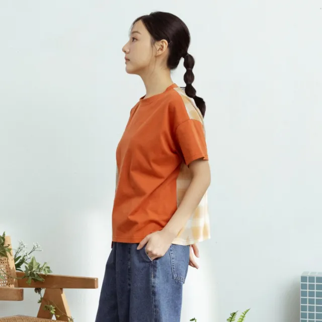 【MOSS CLUB】日本布格子配布圓領短袖棉T 綠 桔