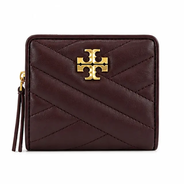 【TORY BURCH】KIRA 金字LOGO羊皮斜紋拉鍊零錢短夾(暗紅)