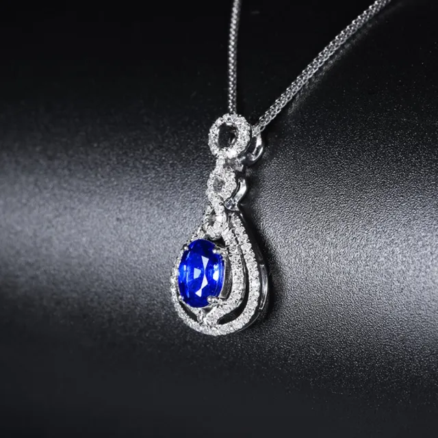 海斯珠寶 1.1克拉天然矢車菊藍寶石 18K白金鑽石吊墜 橢圓形切割 水滴幾何設計 高級珠寶 璀璨亮眼