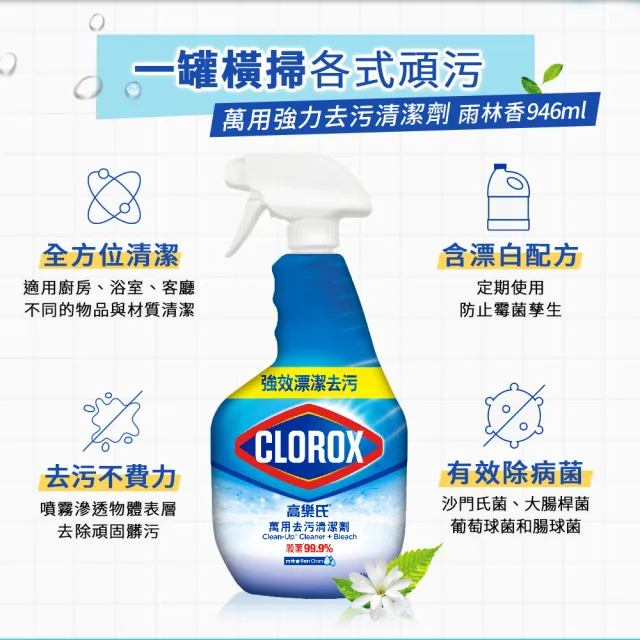 【Clorox 高樂氏】萬用強力去汙清潔噴劑噴槍946mlx2-雨林香(環境消毒/浴室除垢/廚房去油/含漂白水)