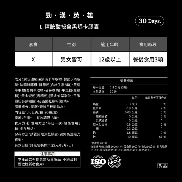 【PowerHero 勁漢英雄】L-精胺酸祕魯黑瑪卡膠囊x12盒(90顆/盒、100%黑瑪卡、鱉精、蜆精)