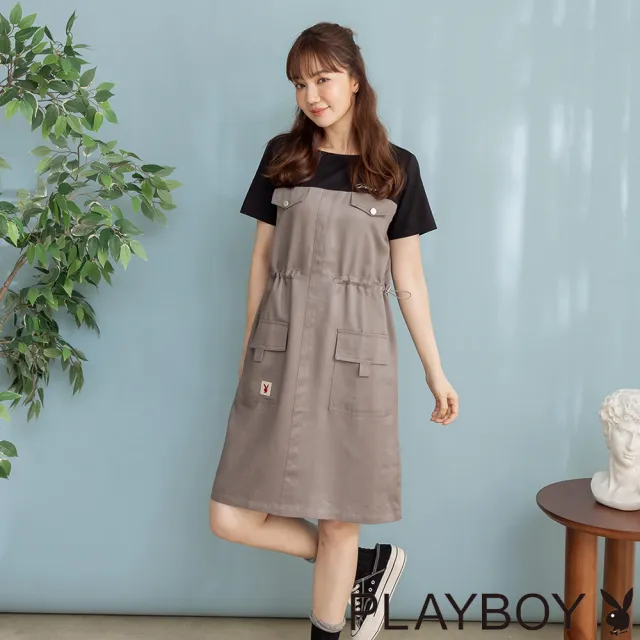 【PLAYBOY】工裝天絲大口袋洋裝 - 黑色