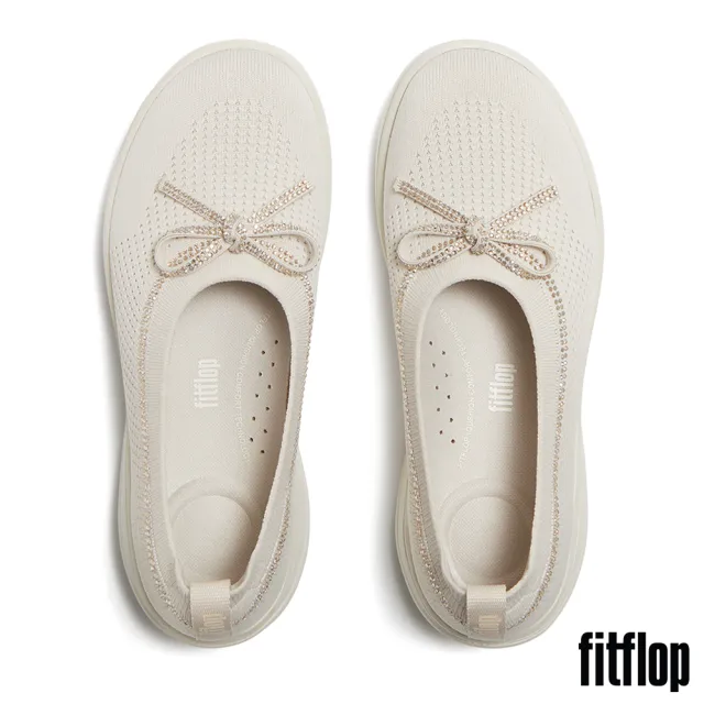 【FitFlop】SUPER-Q 蝴蝶結水鑽邊針織芭蕾舞平底鞋-女(米色)