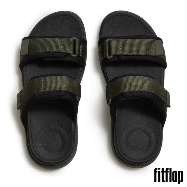 【FitFlop】F-MODE GO MENS 可調式軟墊織帶雙帶涼鞋-男(深橄欖色/黑色)