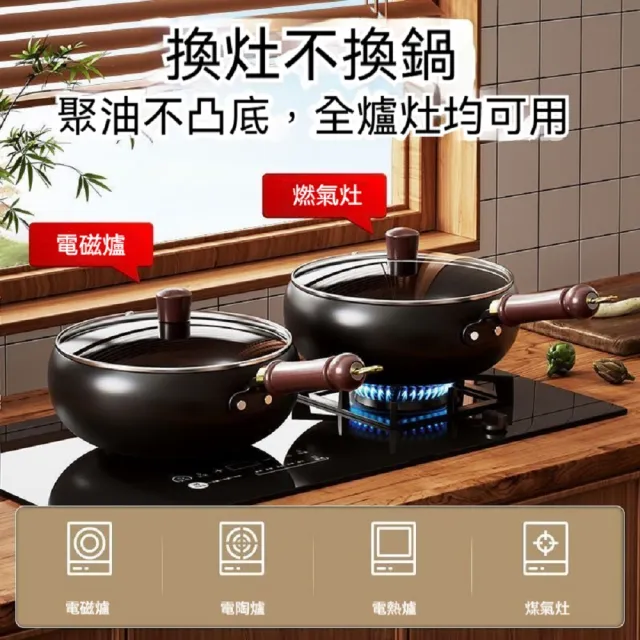 【歐德沐】0塗層不粘大肚鍋 不沾鍋 炒鍋 平底鍋 24cm錘紋 0塗層 不粘鍋 免開鍋 不挑爐灶 木蓋/玻璃蓋