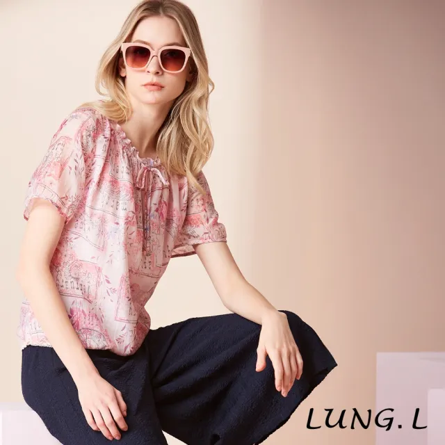 【LUNG.L 林佳樺】LW22A 粉色飄逸印花綁帶輕薄透氣短袖上衣