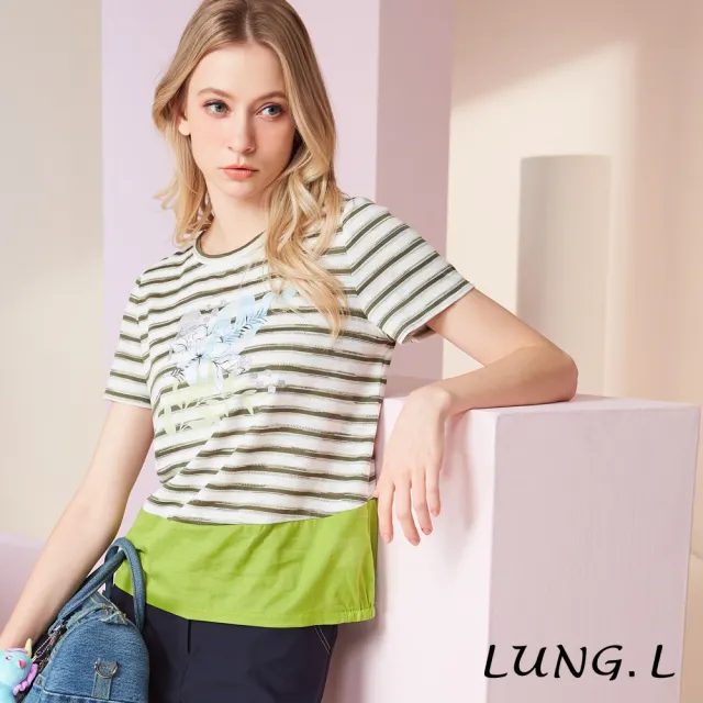 【LUNG.L 林佳樺】LU45A 綠色條紋花卉膠印撞色下擺設計短袖上衣