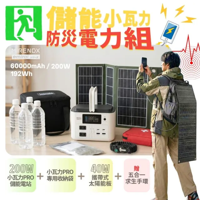 【MIRENEX】防災電力組｜200W儲能小瓦力PRO+40W高機動太陽能板+小瓦力專屬收納袋｜再贈五合一求生手環